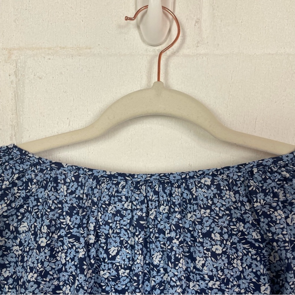 J. Crew V-Neck Popover Top Blue Floral Ruffles Balloon Sleeves Cottage Peasant L - Picture 9 of 13